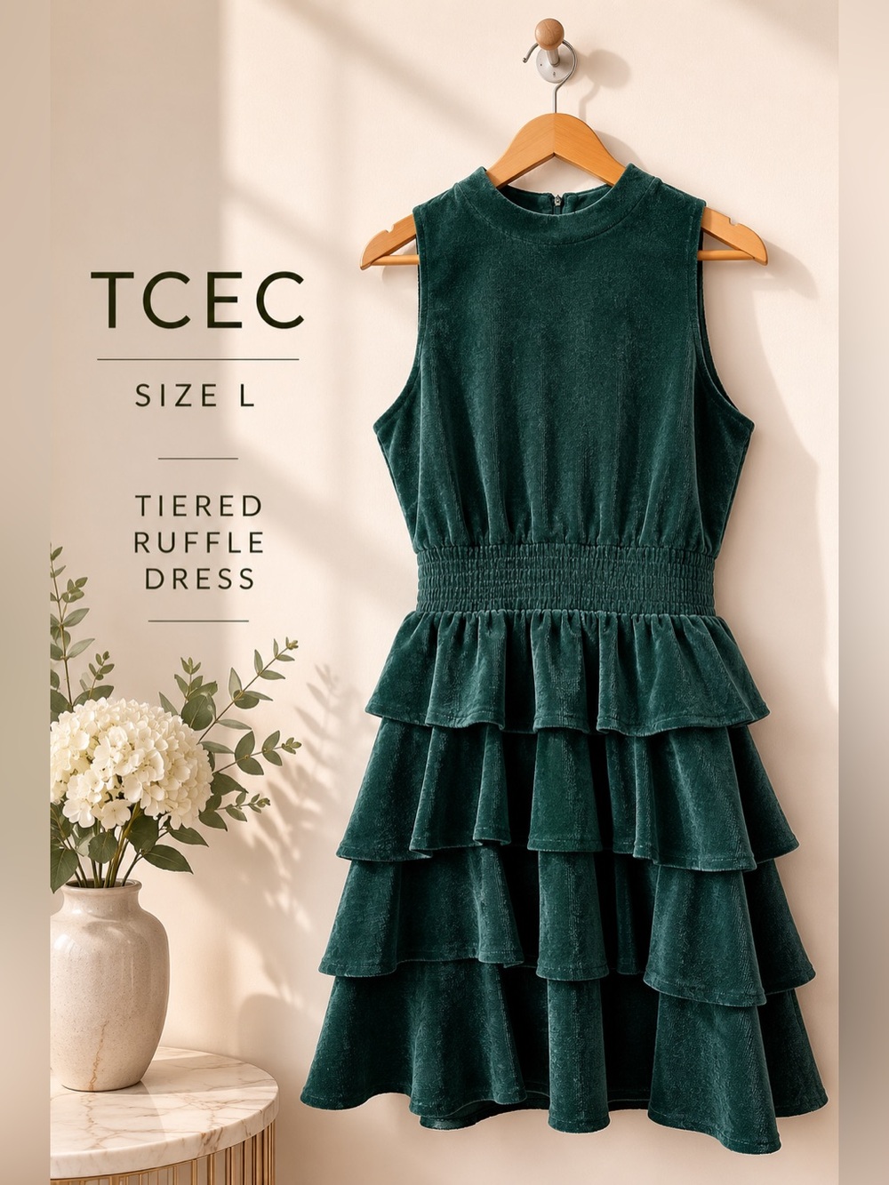 TCEC Green Velvet Tiered Ruffle Dress Size L